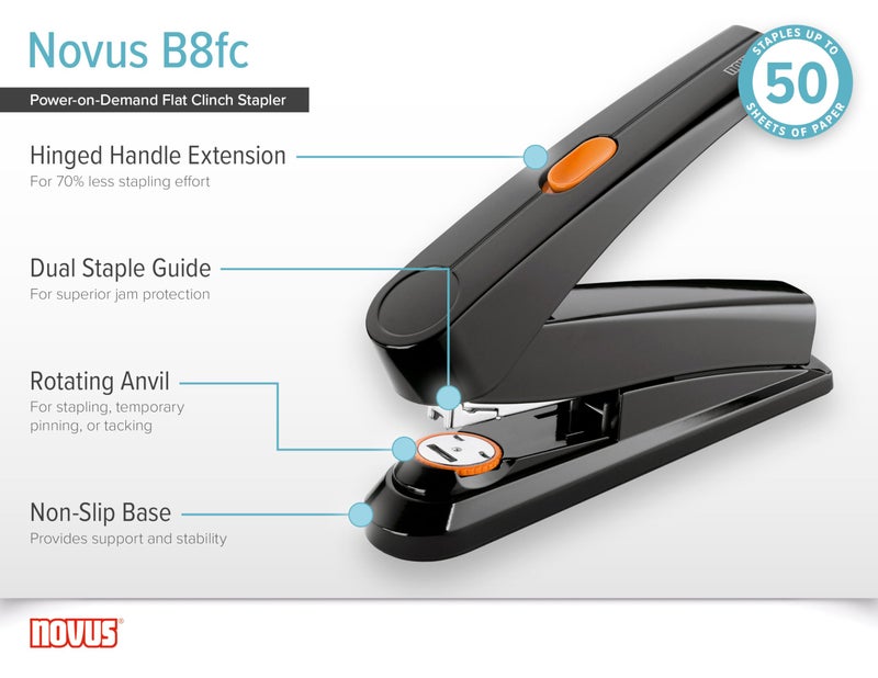 Novus B8fc Flat Clinch Stapler, 70% Less Effort, 50 Sheet Capacity, Dual Staple Guide, German Engineered, Staple|Pin|Tack, Black (020-1673) - Image 5